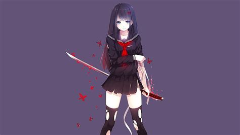 Hd Wallpaper Long Hair Black Hair Blood Sword Torn Clothes Anime