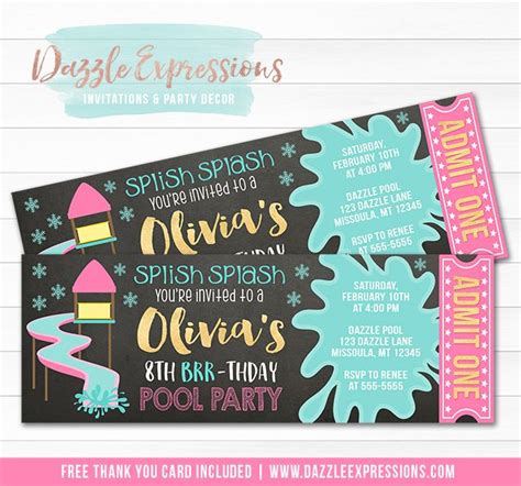 Printable Pool Party Ticket Birthday Invitation Pink Mint And Gold