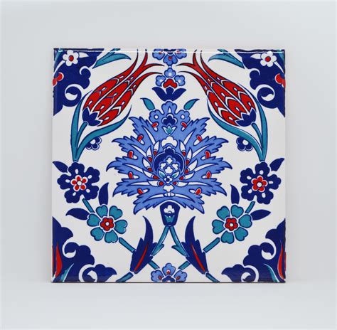 4 X Handmade Turkish Iznik Floral Ceramic Wall Tiles Blue Red Flower