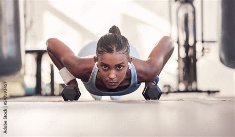 Dumbbell Fitness And Black Woman Training Workout Or Bodybuilder In