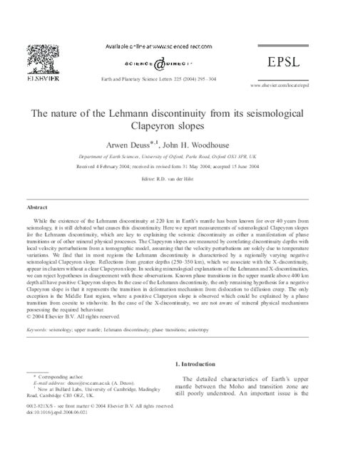 The lehmann discontinuity (∼200km) in the upper mantle is proposed to result from a change in the in this model, the depth of the lehmann discontinuity depends on the deformation conditions. (PDF) The nature of the Lehmann discontinuity from its ...