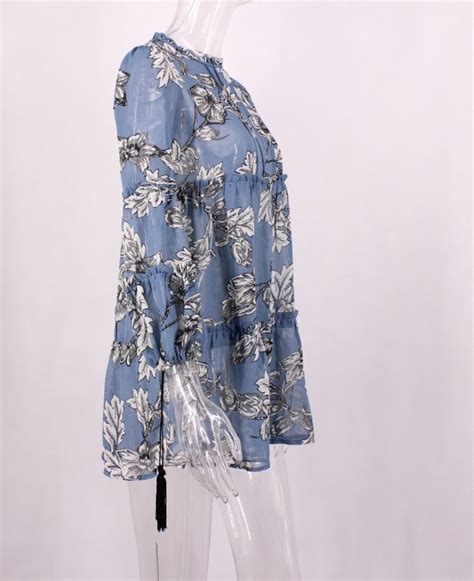 Boho Style Mini Dress Bohemian Chiffon Long Sleeve With Tassels