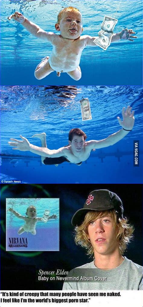 The 1991 album cover features a wide shot of a baby. Baby On Nirvana Nevermind Album Cover. Spencer Elden - 9GAG