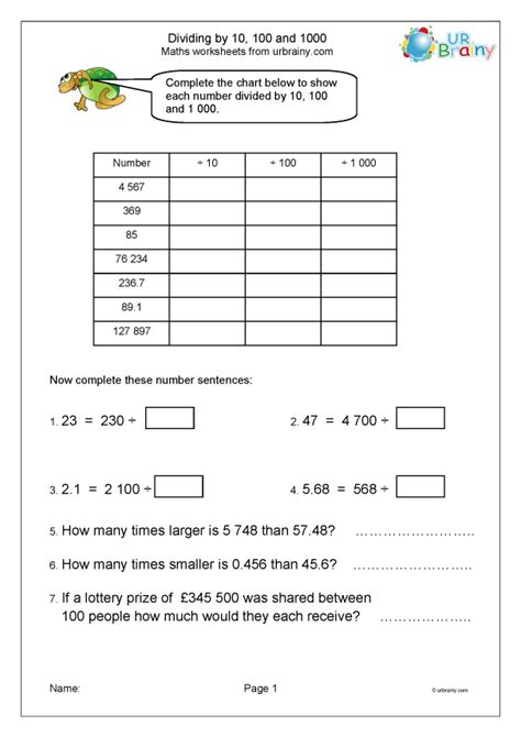 Multiplying And Dividing By 10 100 And 1000 Worksheets Year 3 Arthur