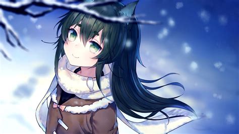 Download 1366x768 Anime Wolf Girl Smiling Scarf Snow Black Hair
