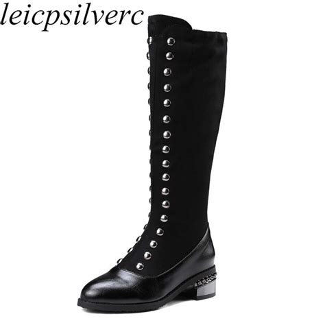 women boots winter autumn warm plush shoes knee high heels motorcycle boot pointed toe platform