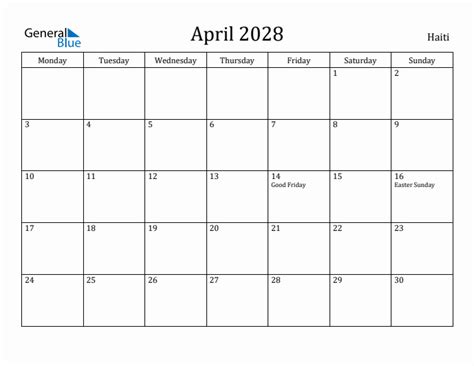 April 2028 Haiti Monthly Calendar With Holidays