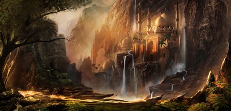 Download Wallpaper Mountains Waterfalls Fantasy Building Free
