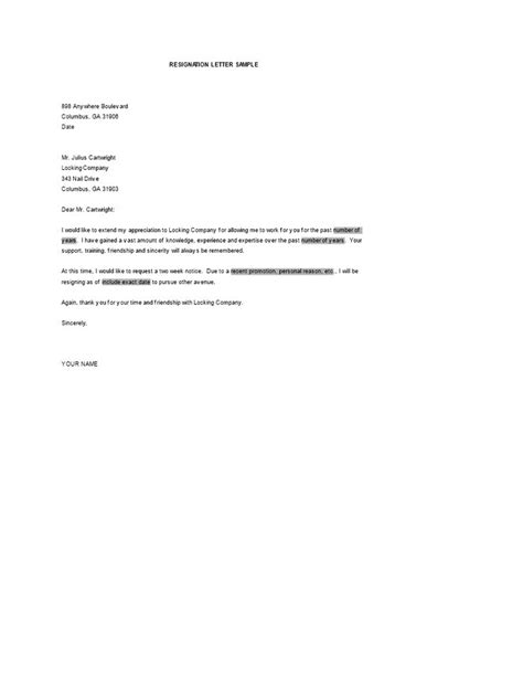 Simple Resignation Letter For Personal Reason Word Templates At