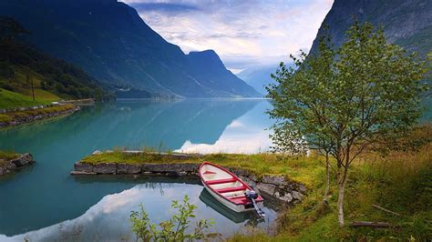 Hd Wallpaper White And Red Motorboat Norway Mountains Blue Water
