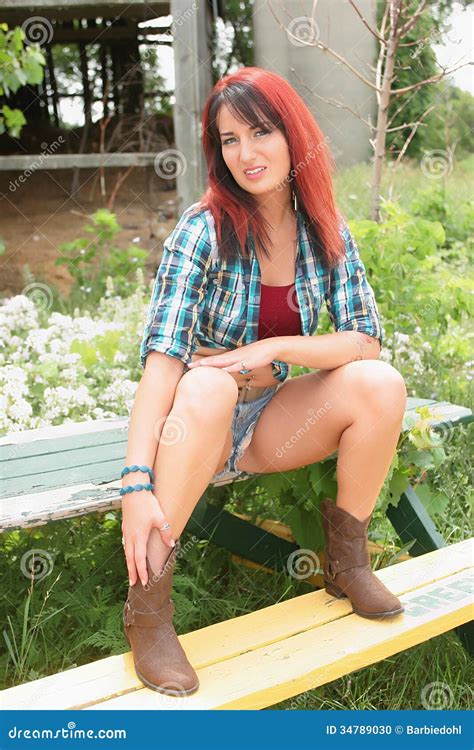 Pretty Redhead Woman Stock Photo Image Of Cutoffs Plaid 34789030