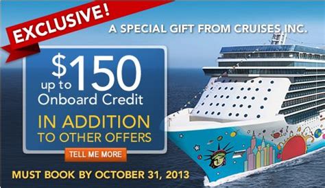 We did not find results for: Up to $150 Onboard credit on Norwegian Cruise Line! Exclusive to Cruises Inc. Call Now 888-423 ...