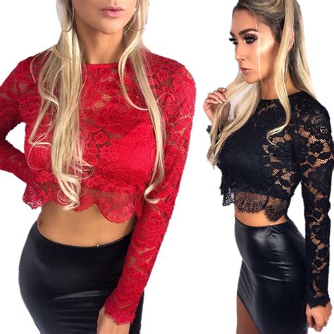 Buy Lossky Sexy Sheer Floral Lace Blouse O Neck Long