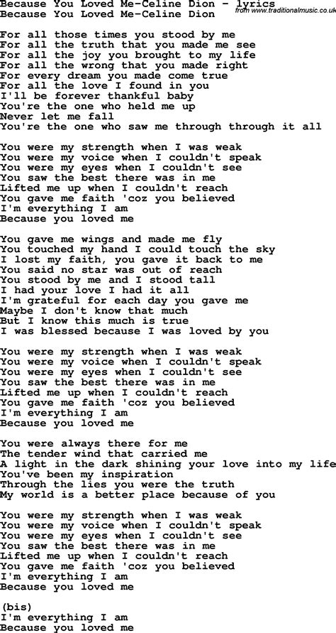 Love Song Lyrics For Because You Loved Me Celine Dion