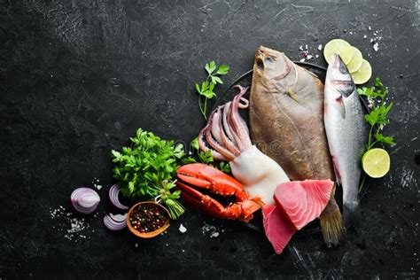 Fresh Fish And Seafood Healthy Food Stock Photo Image Of Overhead