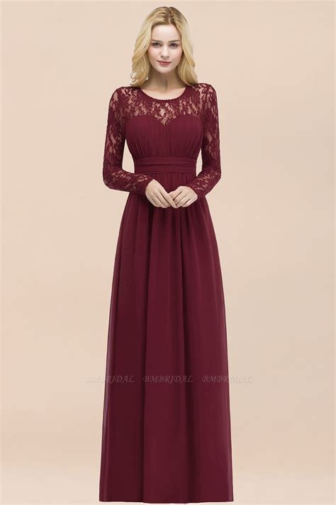 Elegant Lace Burgundy Bridesmaid Dresses Online With Long Sleeves