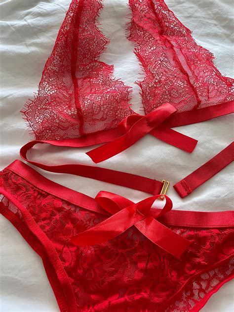 Pre Order Red Lace Halter Bra And Panties Lingerie Set Etsy