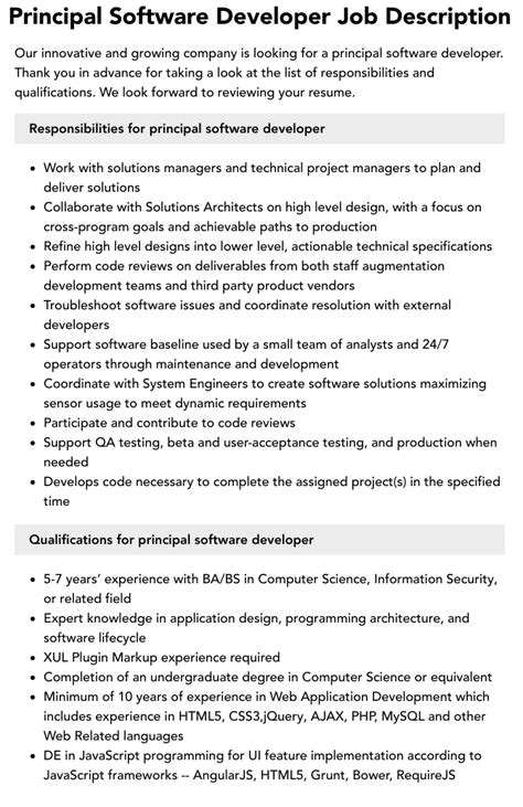 Principal Software Developer Job Description Velvet Jobs