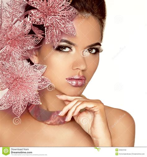 Beautiful Girl With Pink Flowers Beauty Model Woman Face