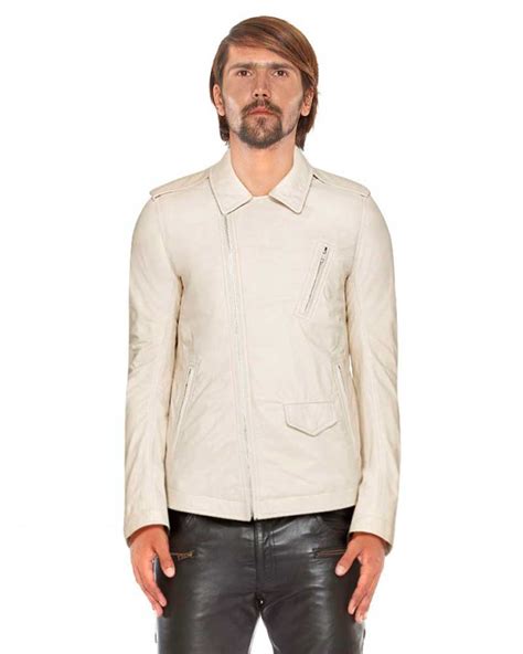 Mens Ivory Leather Jacket With Asymmetrical Zip Fastening