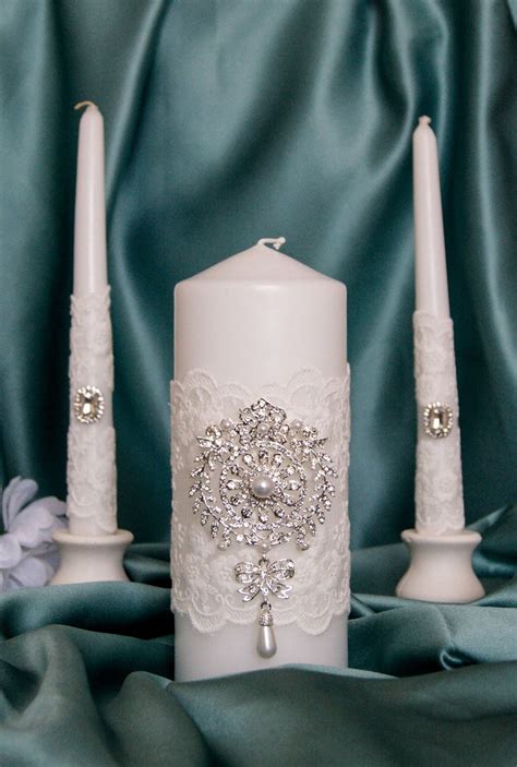 White Lace Unity Candle Set With Silver Crystal And Pearl Etsy