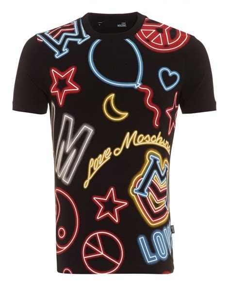Love Moschino Mens Neon Lights T Shirt Graphic Print Slim Black Tee