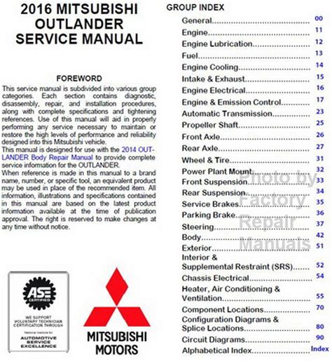 2016 Mitsubishi Outlander Factory Service Manual Cd Original Shop