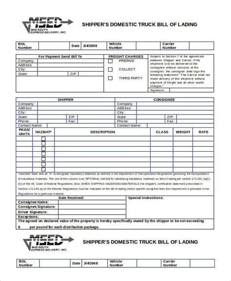 Simple Bill Of Lading Template 11 Free Word Pdf Documents Download