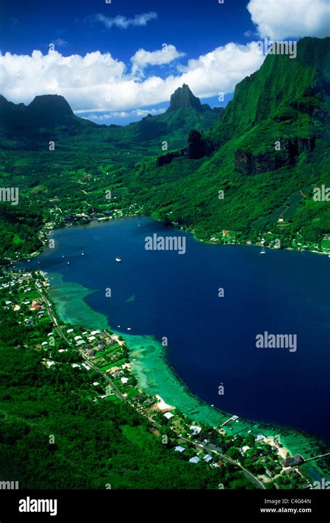 Aerial View Of Cooks Bay And Mountains On Island Of Moorea In French