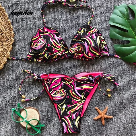 Hugeden 2018 New Bikinis Women Sexy Bandage Swimsuit Halter Print Colorful Swimwear Push Up