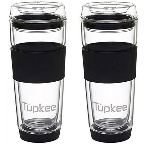 tupkee double wall glass tumbler insulated tea coffee mug and lid hand blown glass 14 ounce