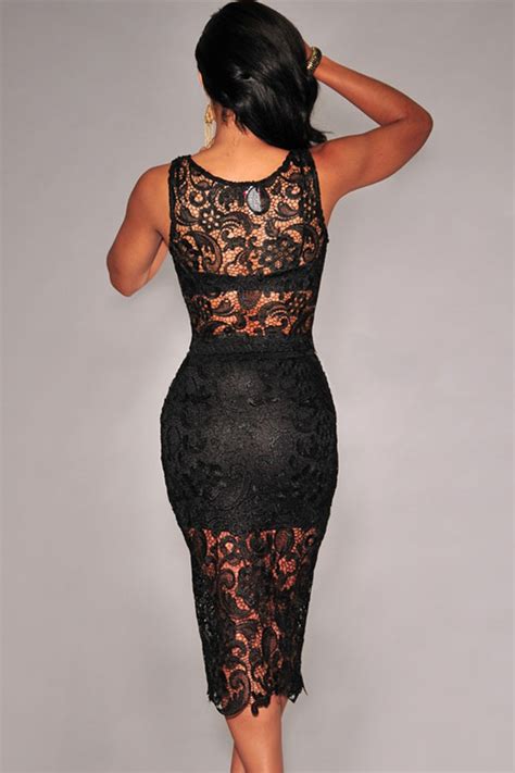 Cheap Sexy O Neck Tank Sleeveless Floral Lace Hollow Out Black Polyester Two Piece Sheath Knee