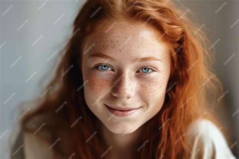 Premium Ai Image Portrait Of Happy Tender Ginger Girl With Blue Eyes