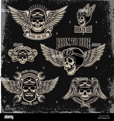 Set Of Emblems For Biker Club Winged Human Skull With Wings For Logo