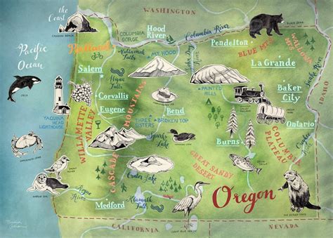 Oregon Map Art Print Illustrated Map Of Oregon Pacific North West