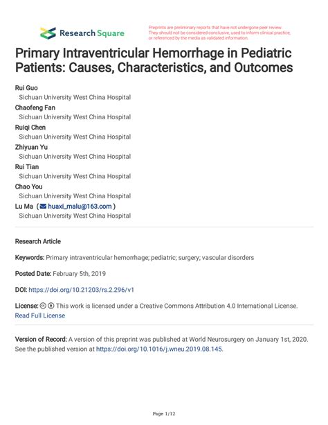 Pdf Primary Intraventricular Hemorrhage In Pediatric Patients Causes