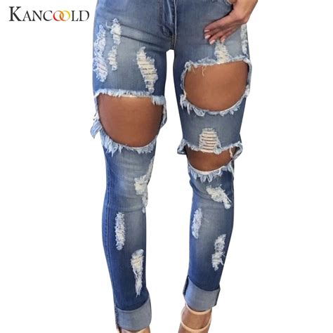 2017 Summer Womens Ladies Skinny Faded Ripped Casual Slim Fit Cool Denim Cotton Jeans Skinny