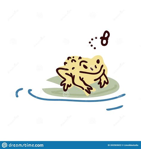 Cute Cartoon Frog On Pond Lily Pad With Fly Lineart Vector Illustration
