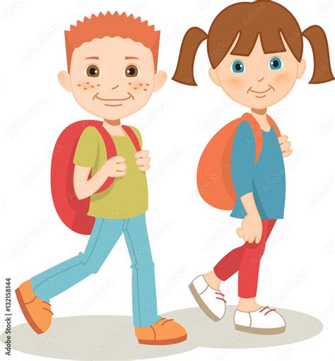 Young Girl And Boy Carrying Backpacks Cheerfully Walking To School