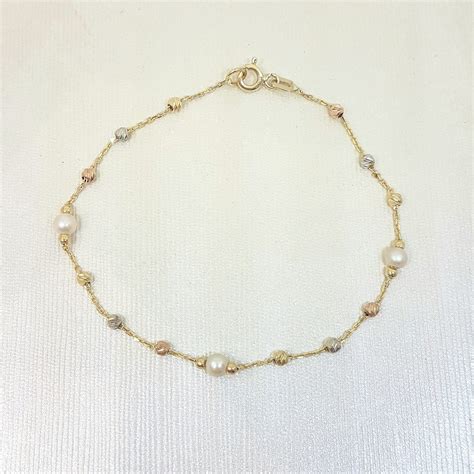 14K Real Solid Gold Beaded Pearls And Italian Balls Bracelet For Women