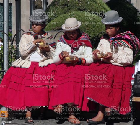 Indigenous Bolivian Women Eating Food During Bolivia Community Lunch Ceremony In La Paz Bolivia
