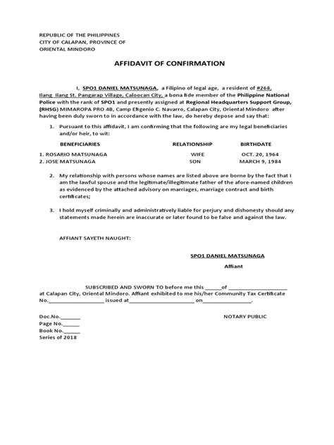 Affidavit Of Confirmation Sample Affidavit Civil Law Common Law