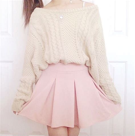 Cream Sweater With A Light Pink Skirt Korean Fashion