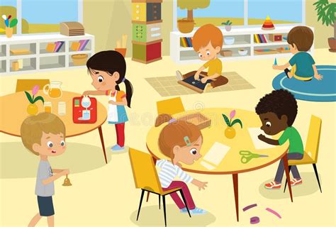 Montessori School Class Vector Illustrations Of Children In The