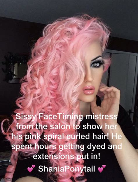 Captions Feminization Forced Feminization Spiral Hair Curls Pink Purple Hair Men Wearing