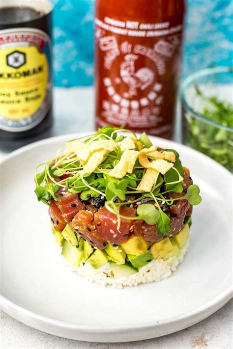Ocean wise albacore tuna, green papaya slaw, orange segments, avocado, toasted pine nuts, tobikko, yuzu vinaigrette. Ahi Tuna Sushi Stacks (Cactus Club Copycat) - The Girl on ...
