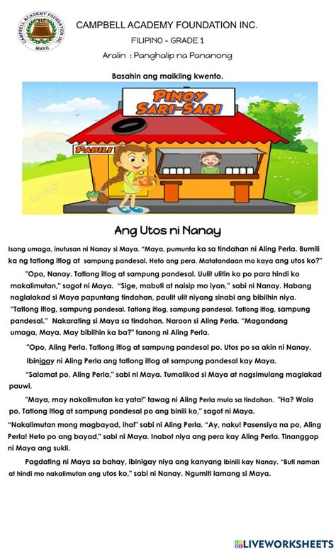 Maikling Kwento Pananong Worksheet Short Stories For Kids Stories