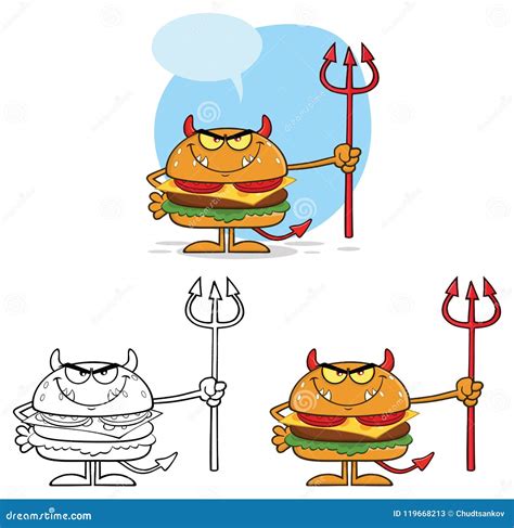 Devil Burger Cartoon Character Holding A Trident Collection Set Stock