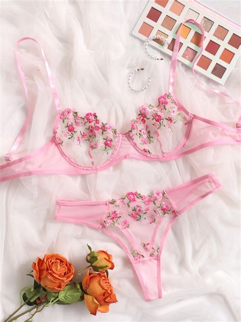 pink romantic mesh floral sexy sets embellished slight stretch women intimates lingerie rosa