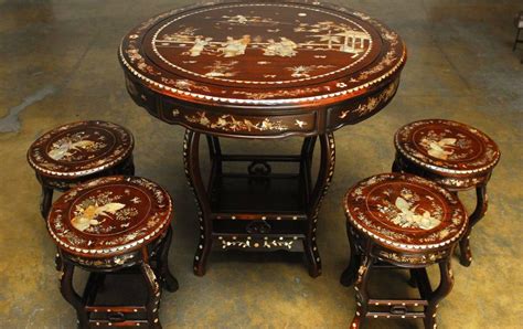Chinese Rosewood Mother Of Pearl Inlay Tea Table With Stools At 1stdibs